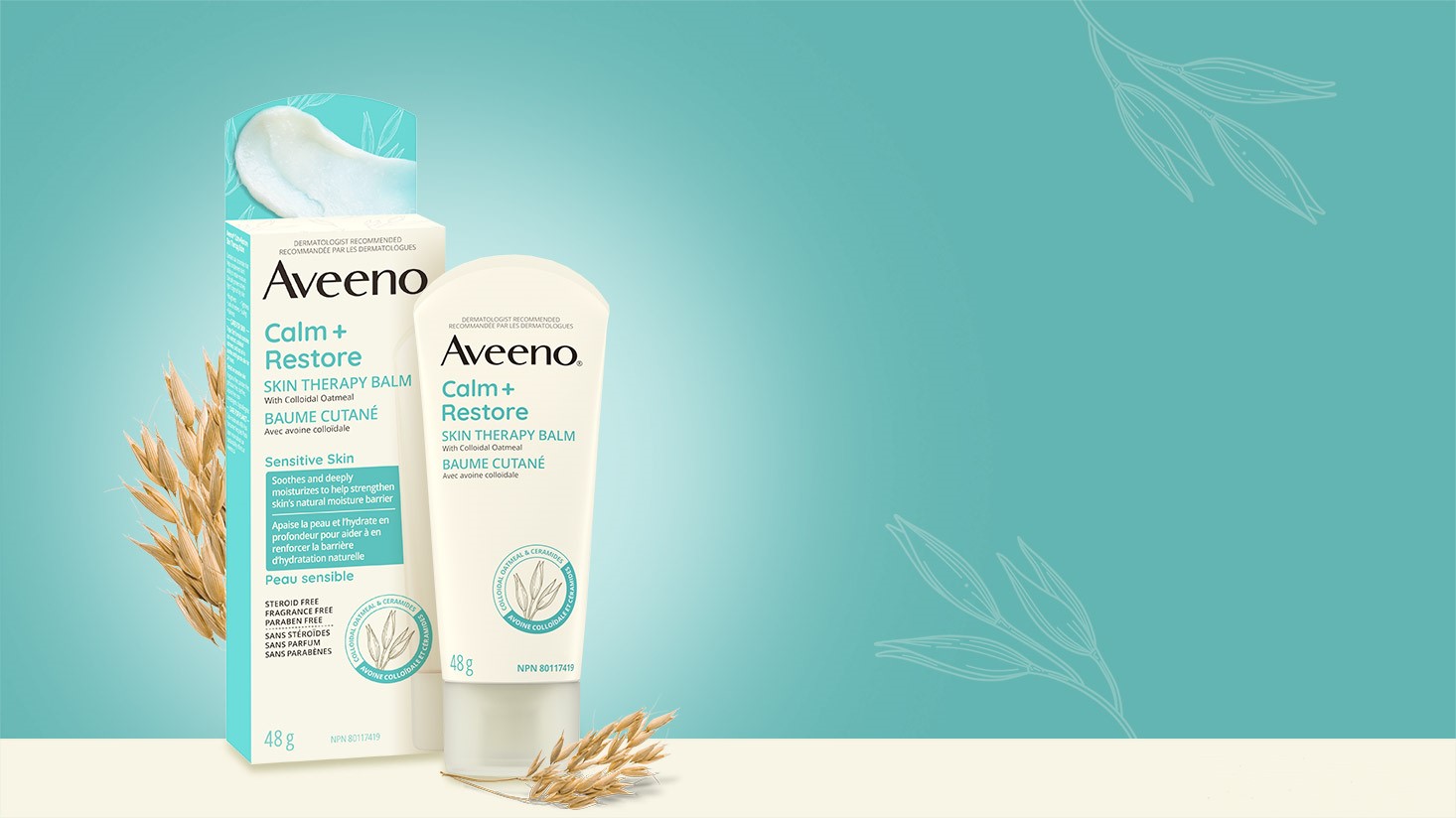 Bannière montrant la boîte et le flacon de 48 g du baume cutané AVEENO® Calm + Restore.