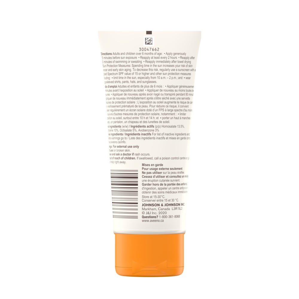 arrière du tube de l’écran solaire fps 30 aveeno protect and hydrate